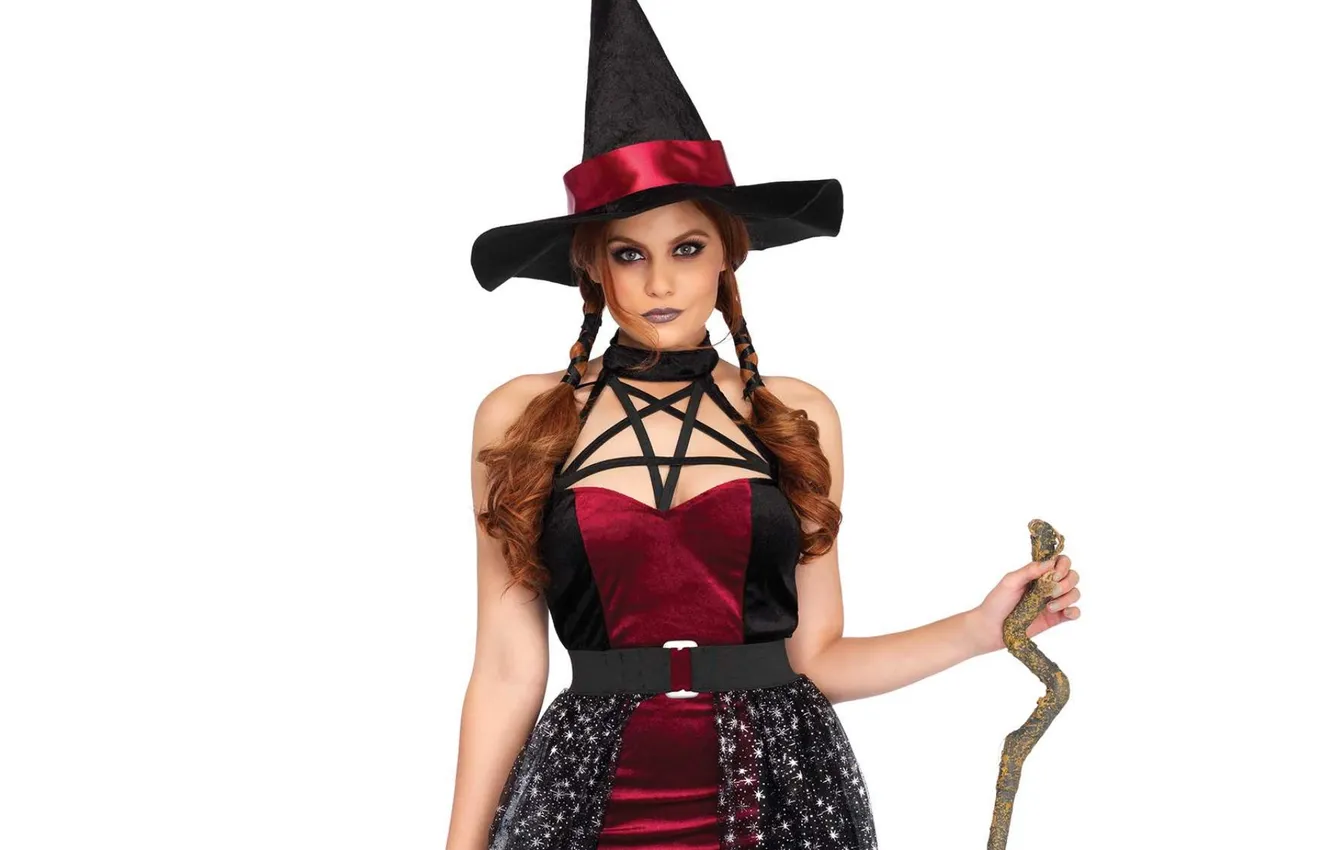Photo wallpaper magic, hat, outfit, white background, witch, stick, cosplay