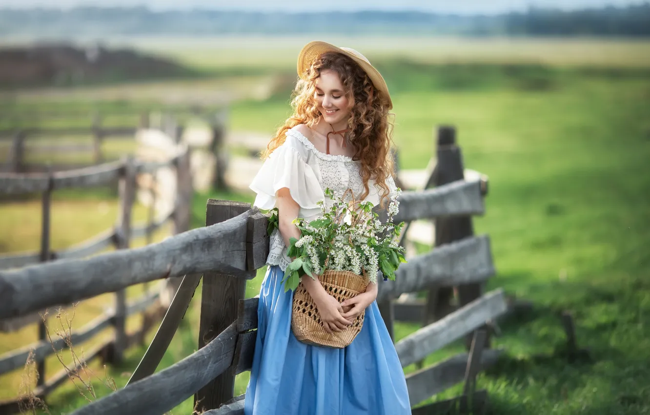 Photo wallpaper girl, pose, smile, mood, the fence, hat, basket, curls