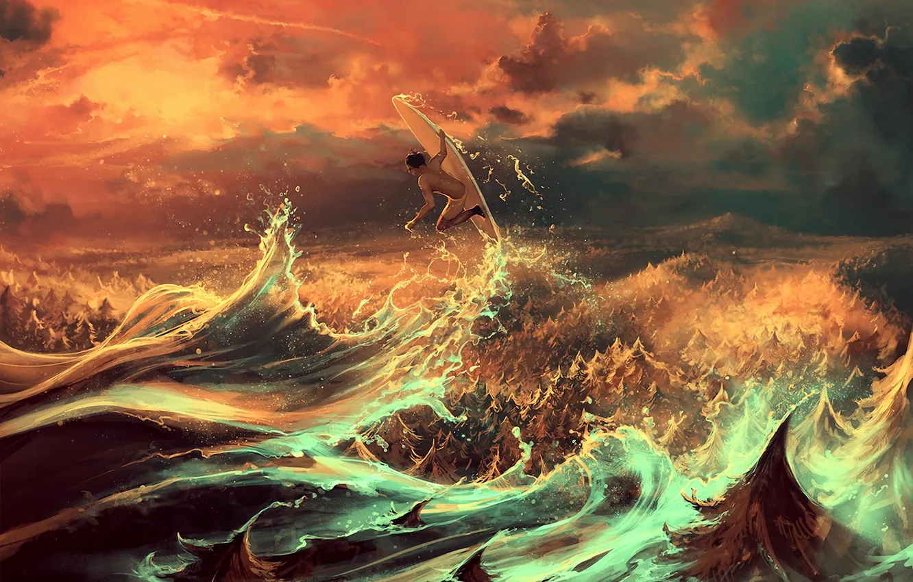 Photo wallpaper sea, wave, clouds, Board, people, art, surfing