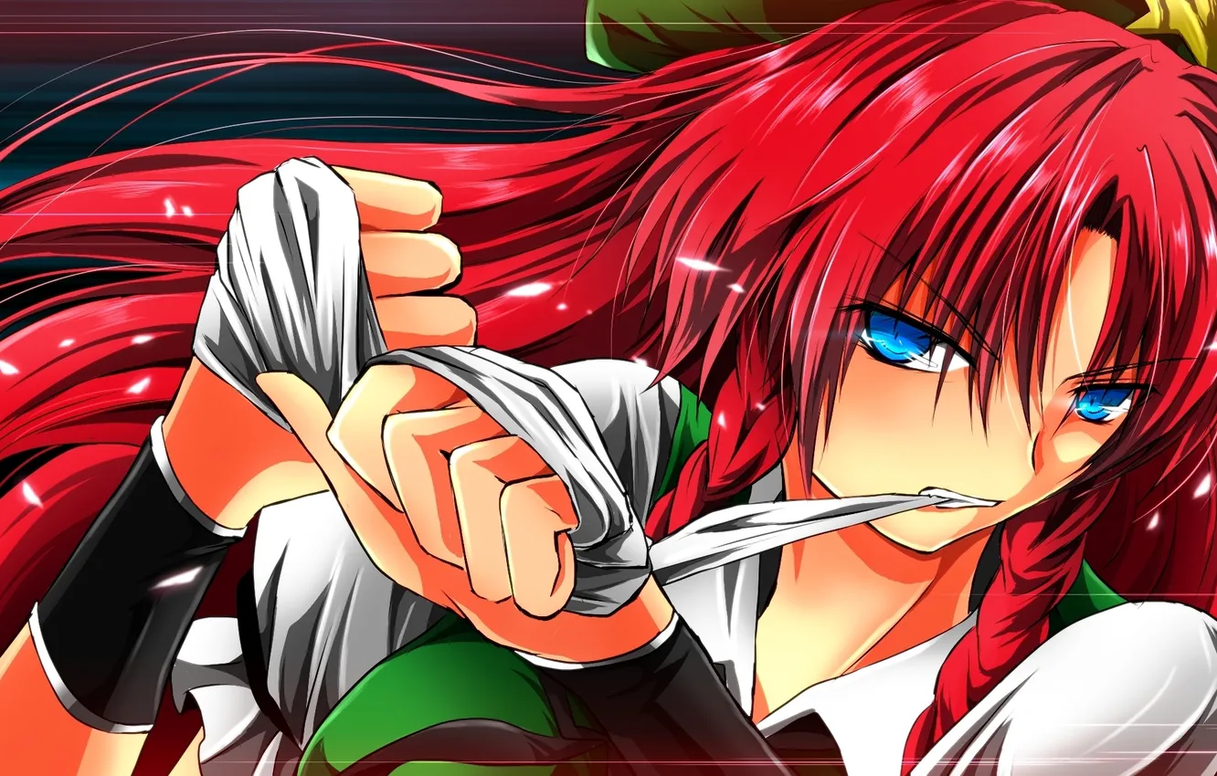 Photo wallpaper look, girl, teeth, gesture, touhou, art, bandages, hong meiling