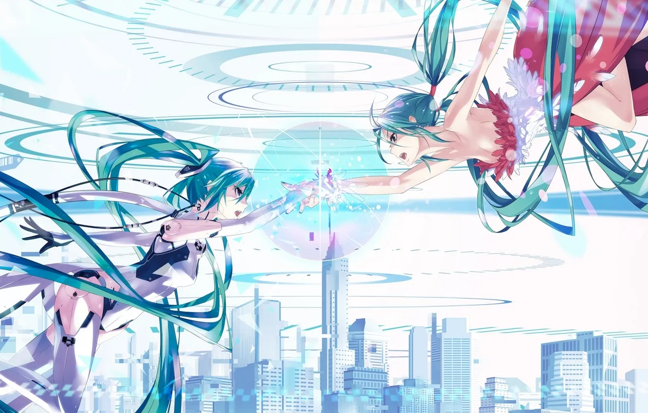 Photo wallpaper the sky, girl, wire, building, robot, hatsune miku, Vocaloid
