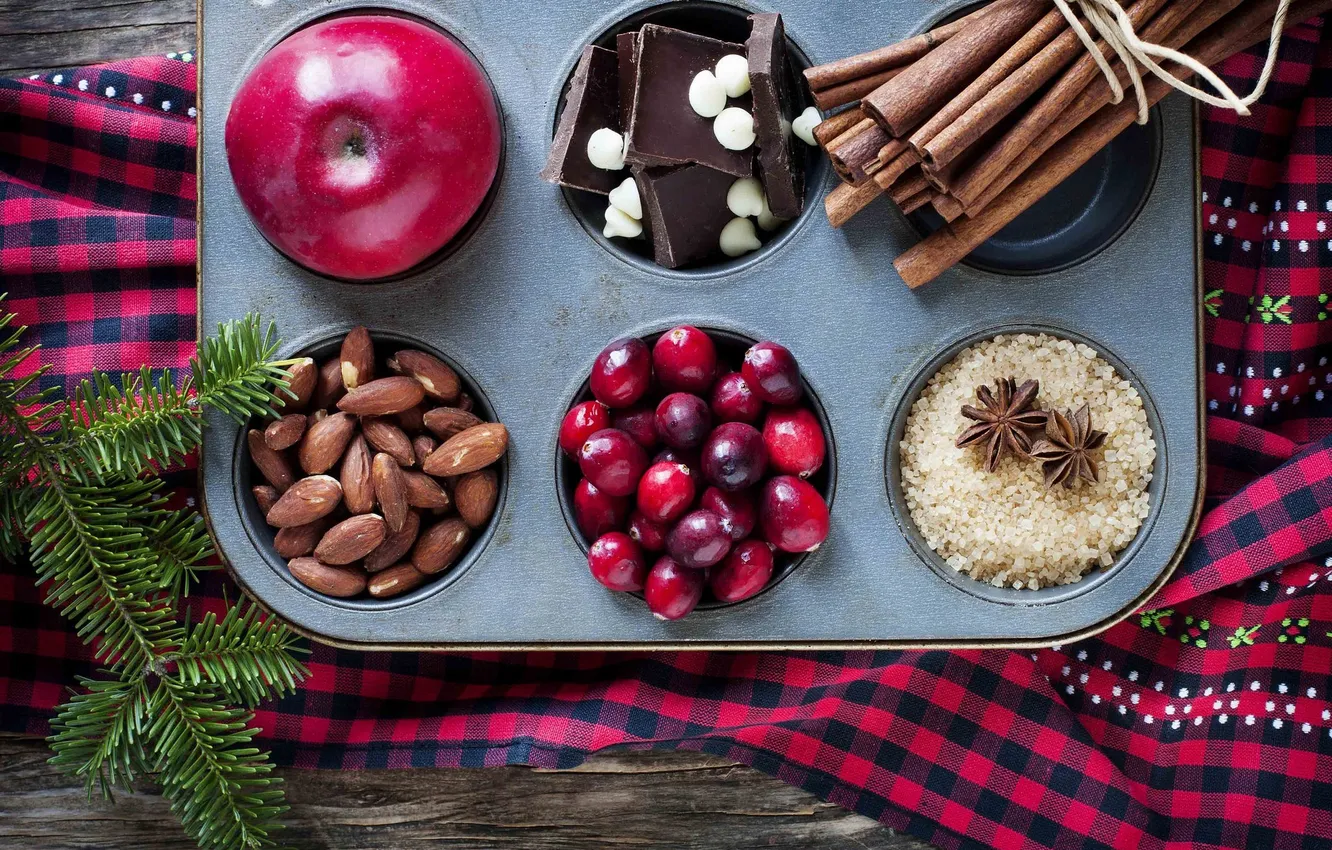 Photo wallpaper winter, apples, chocolate, sugar, cinnamon, almonds, spices, Anis