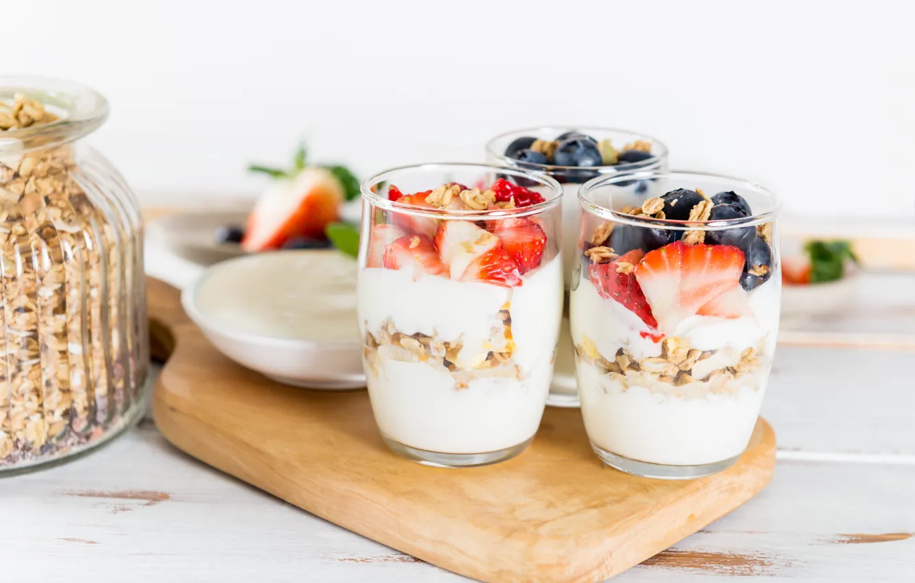 Photo wallpaper berries, Breakfast, Bank, wood, cereal, yogurt, cutting Board