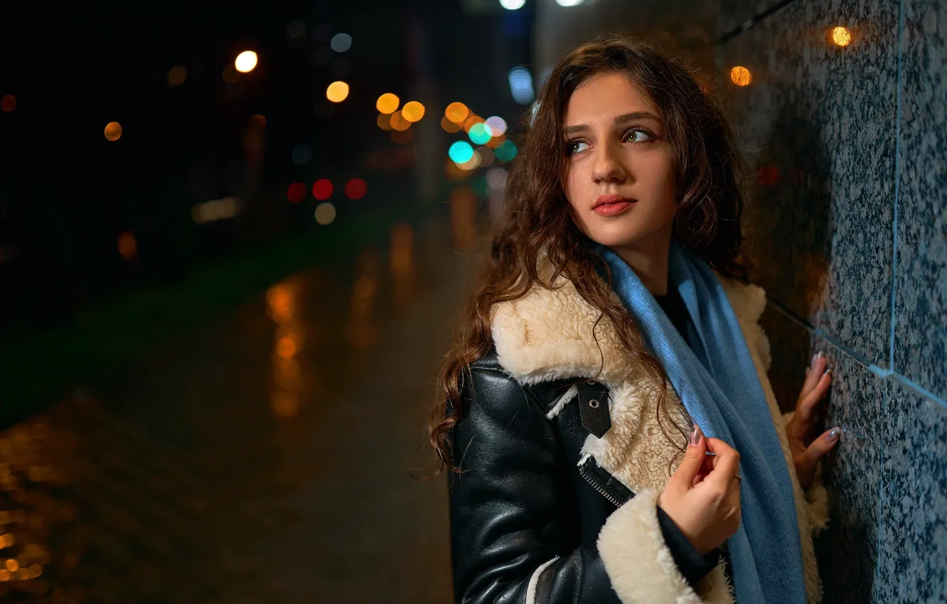 Photo wallpaper girl, night, model, street, women, bokeh, brunette, scarf
