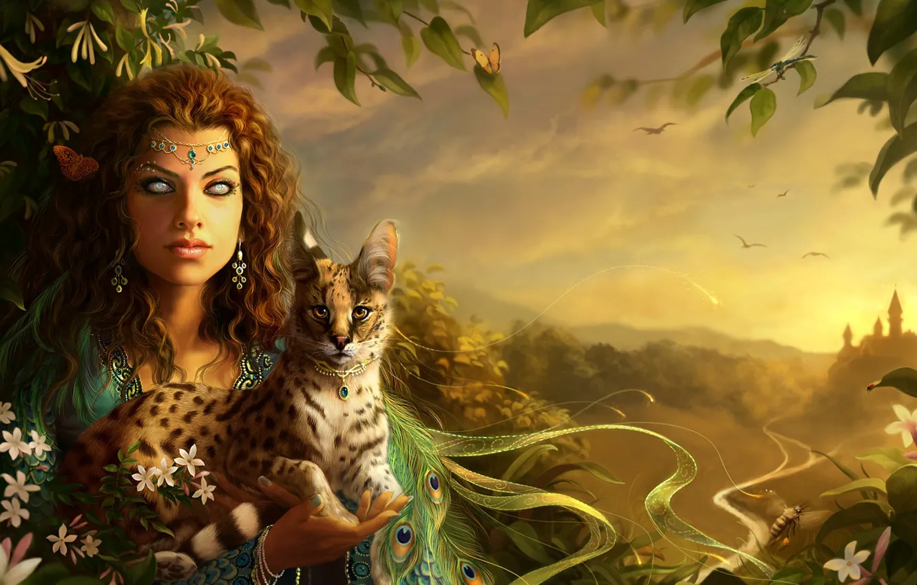 Photo wallpaper cat, girl, eyed