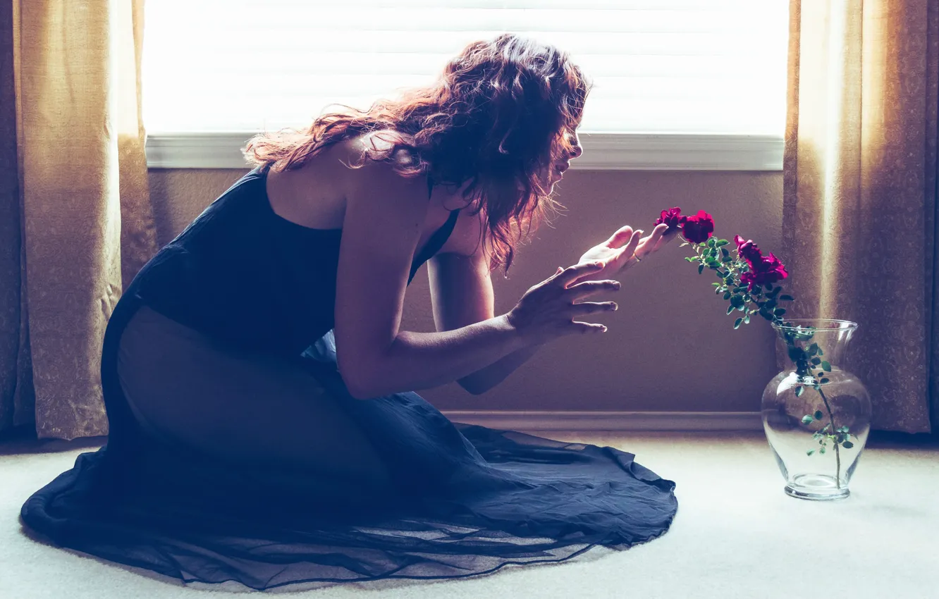 Photo wallpaper glass, girl, light, flowers, pose, room, mood, hair