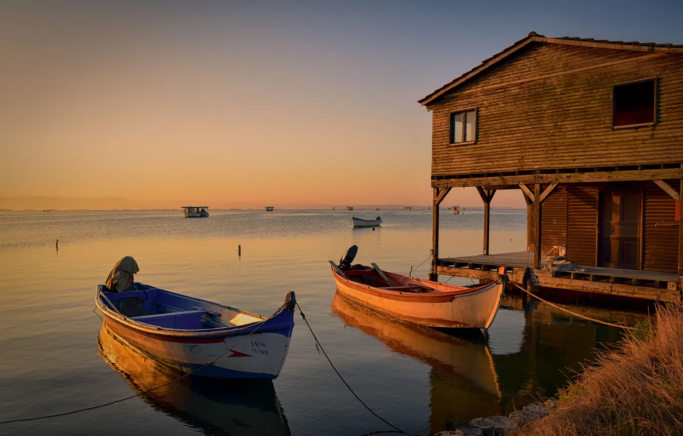 Photo wallpaper shore, boat, house, pond