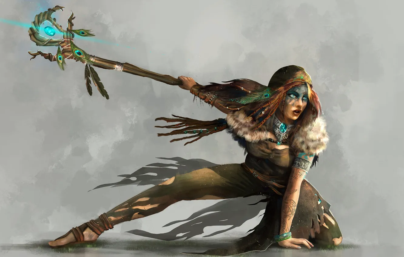 Photo wallpaper look, girl, pose, fiction, art, fur, staff