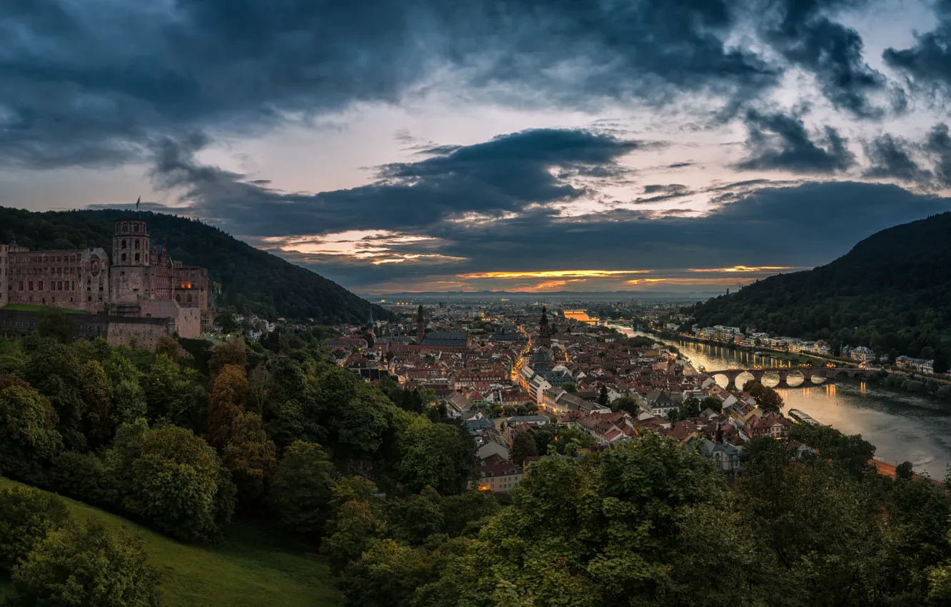 Photo wallpaper river, hills, the evening, Germany, Heidelberg