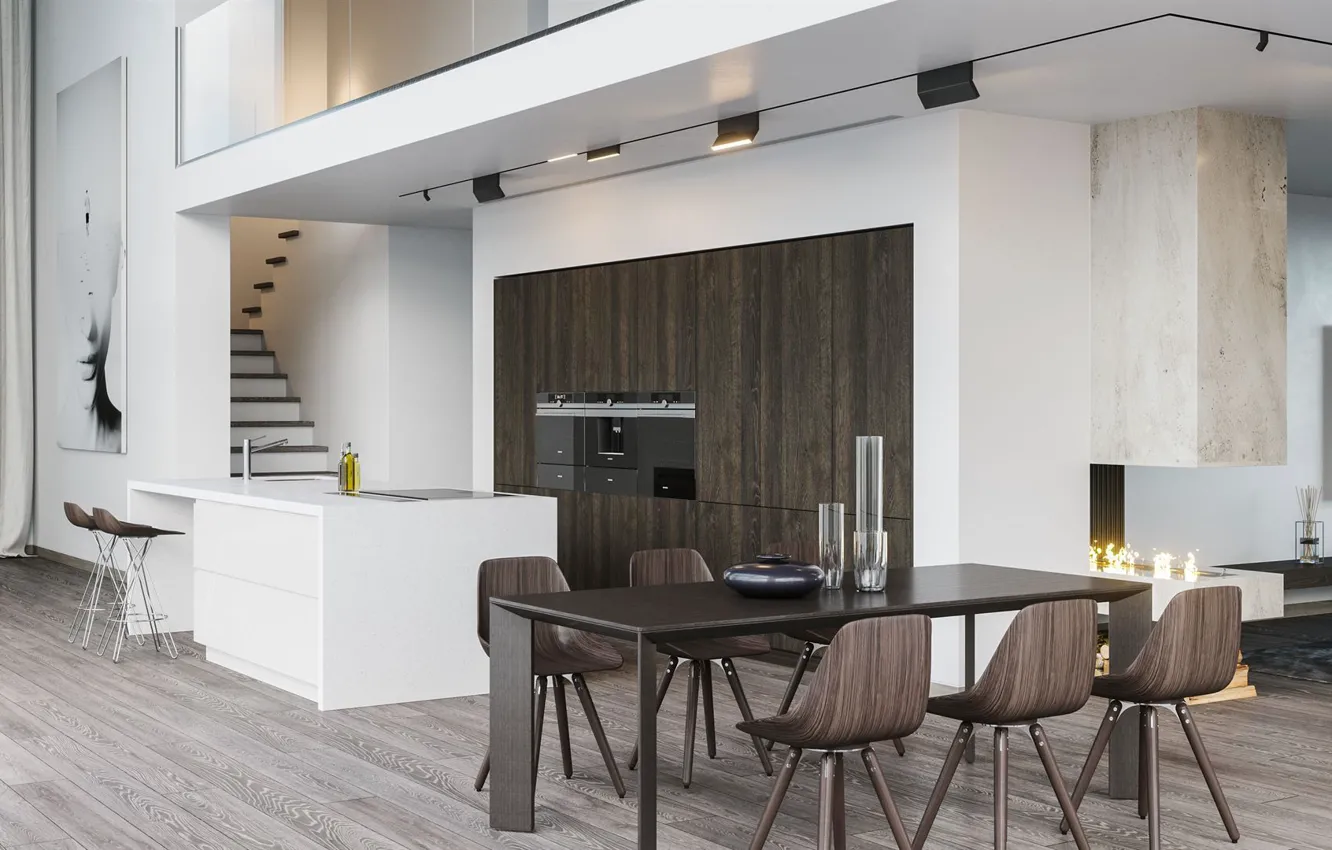 Photo wallpaper design, style, interior, kitchen, living room, dining room, two levels, Modern villa