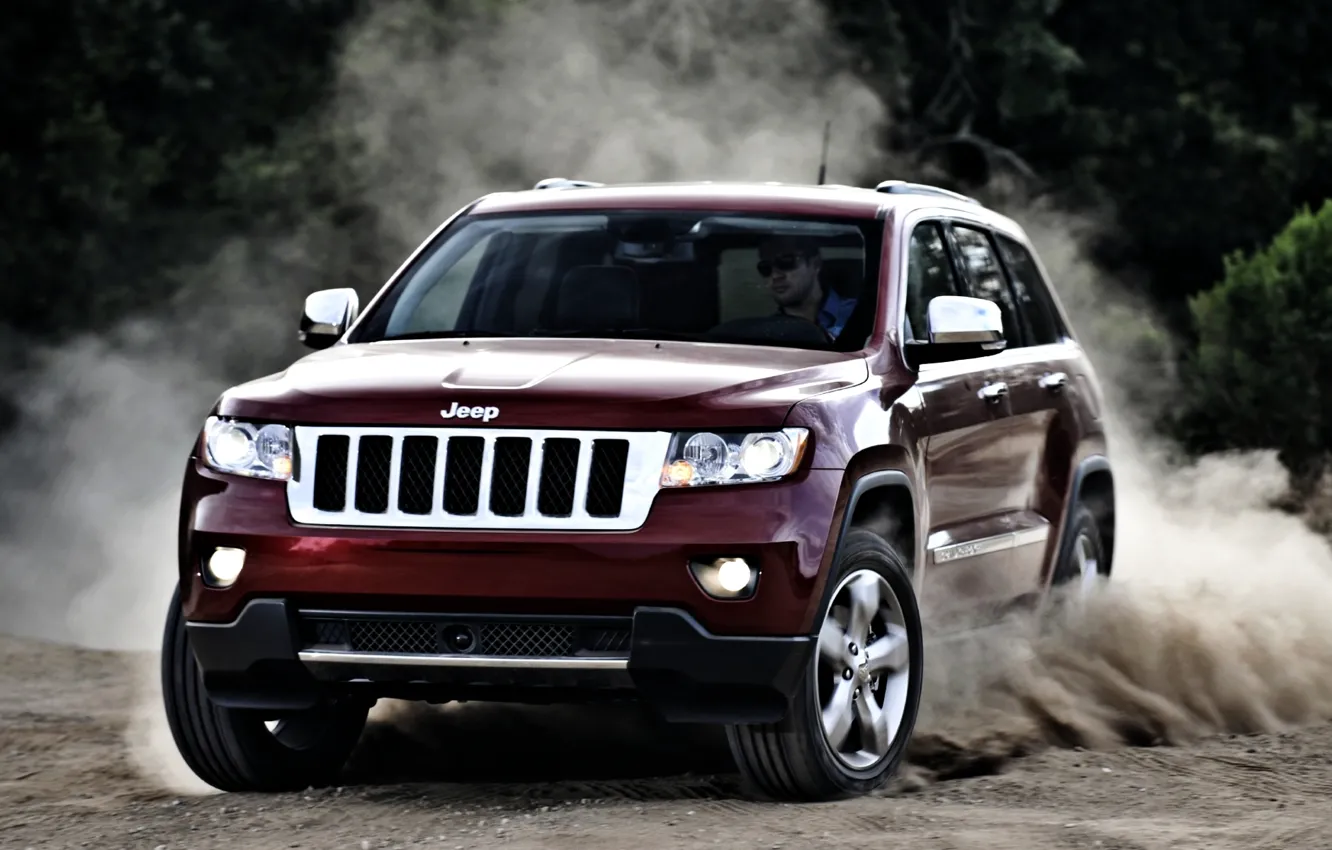 Photo wallpaper red, jeep, SUV, the front, jeep, grand cherokee, skid.dust, Grand Cherokee