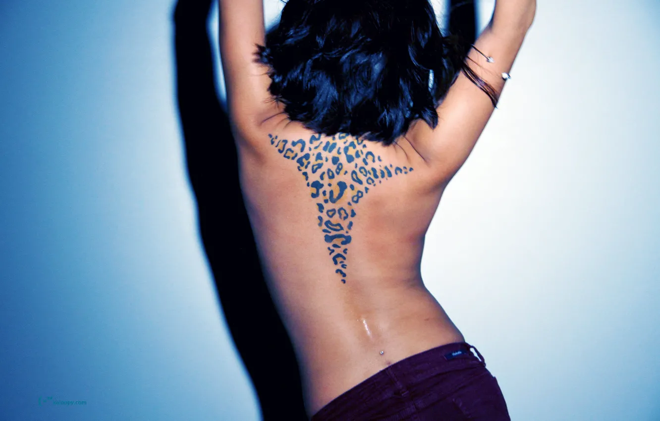 Photo wallpaper girl, leopard, woman, model, tattoo, purple, piercing, back