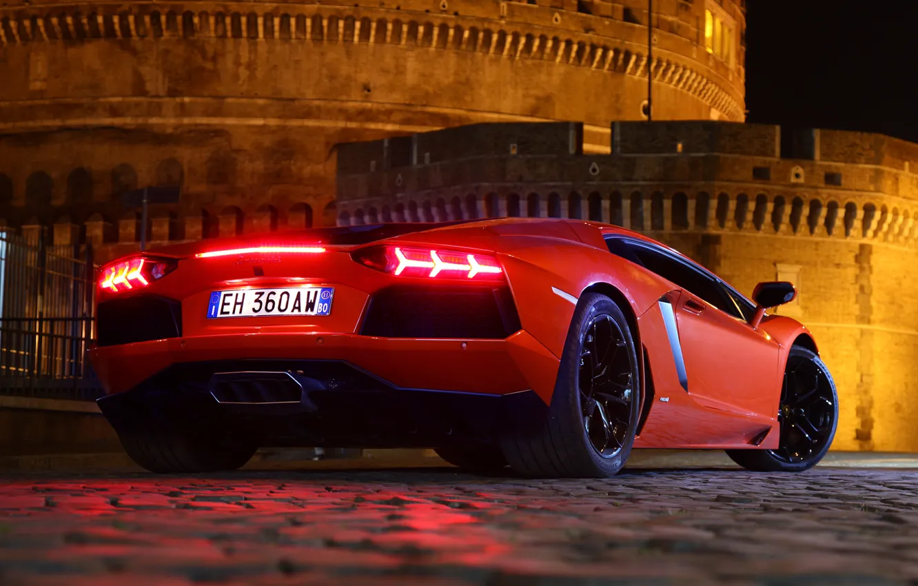 Photo wallpaper night, red, pavers, lights, supercar, fortress, lamborghini, aventador