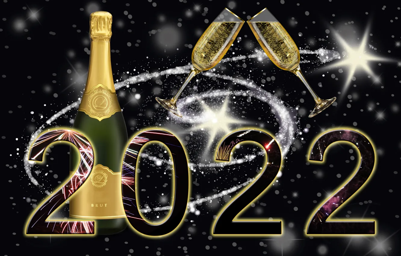 Photo wallpaper Bottle, Salute, New year, Black background, Fireworks, Bakaly, Champagne, 2022