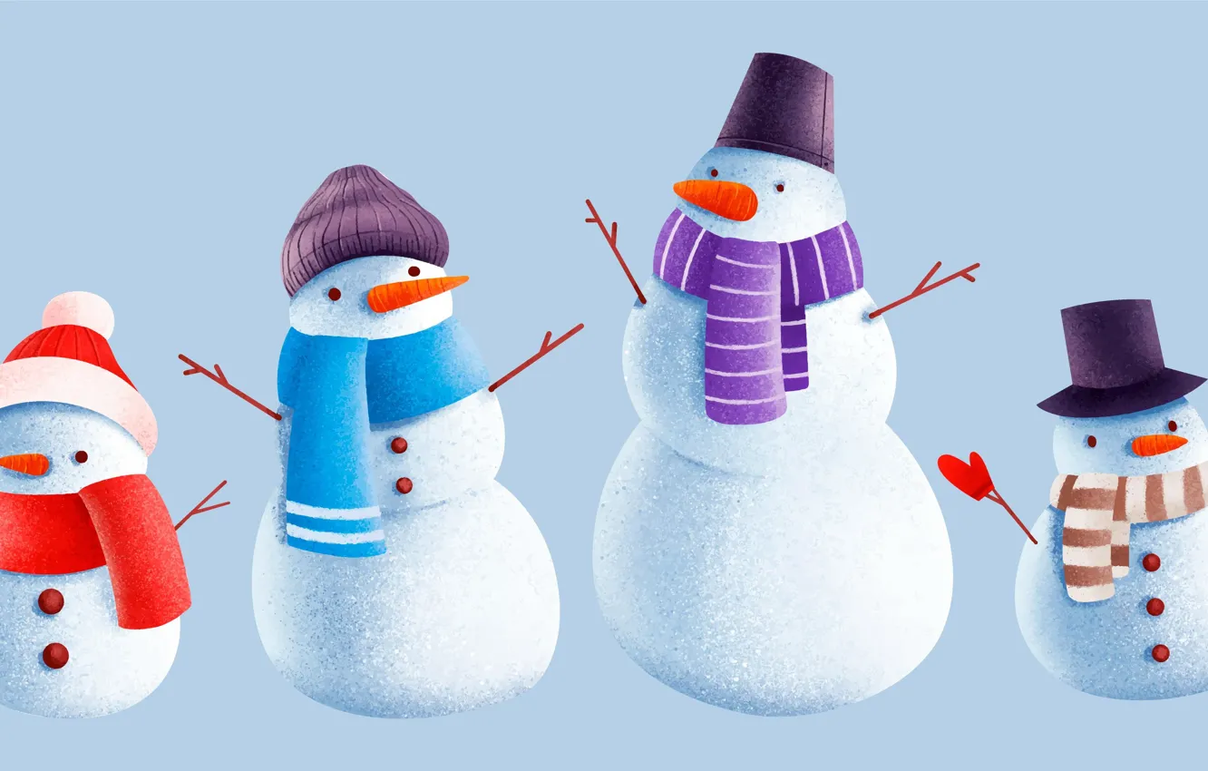 Photo wallpaper winter, snow, rendering, new year, scarf, Christmas, snowman, blue background
