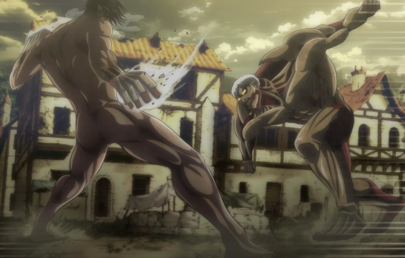 Photo wallpaper big, anime, fight, giant, manga, Attack on Titan, kyojin, japonese