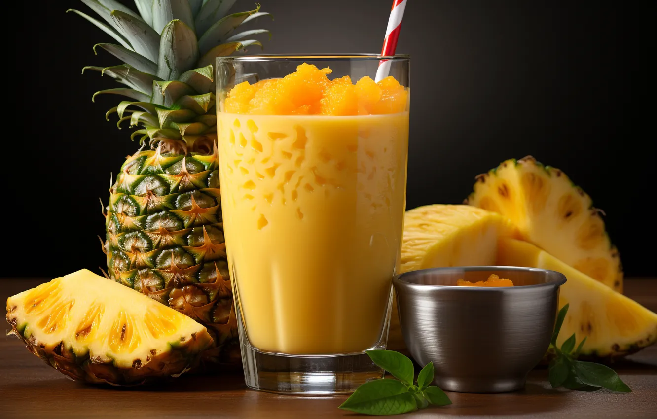 Photo wallpaper leaves, glass, the dark background, table, the flesh, bowl, pineapple, black background