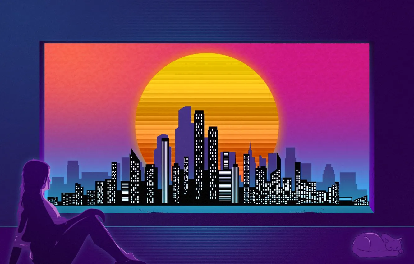 Photo wallpaper Girl, Music, The city, Cat, Picture, 80s, Neon, 80's