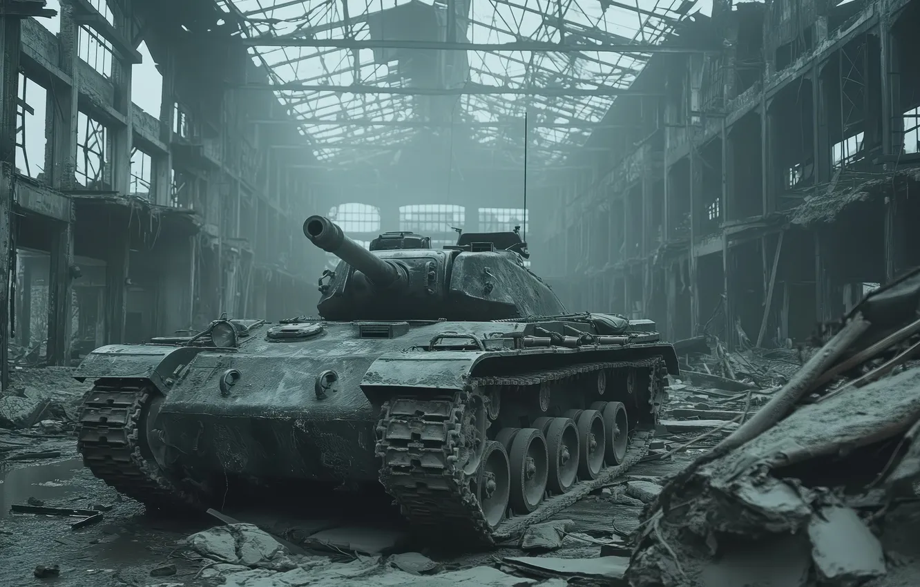 Photo wallpaper building, tank, ruins, digital art, AI art, The Art of Artificial Intelligence, War and conflict …