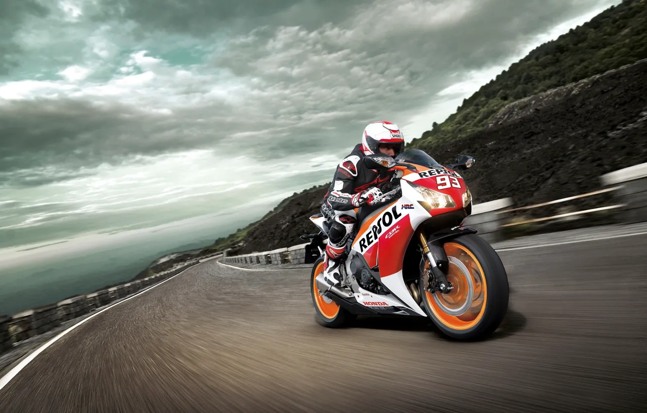 Photo wallpaper the sky, mountain, speed, Track, racer, Honda CBR1000RR