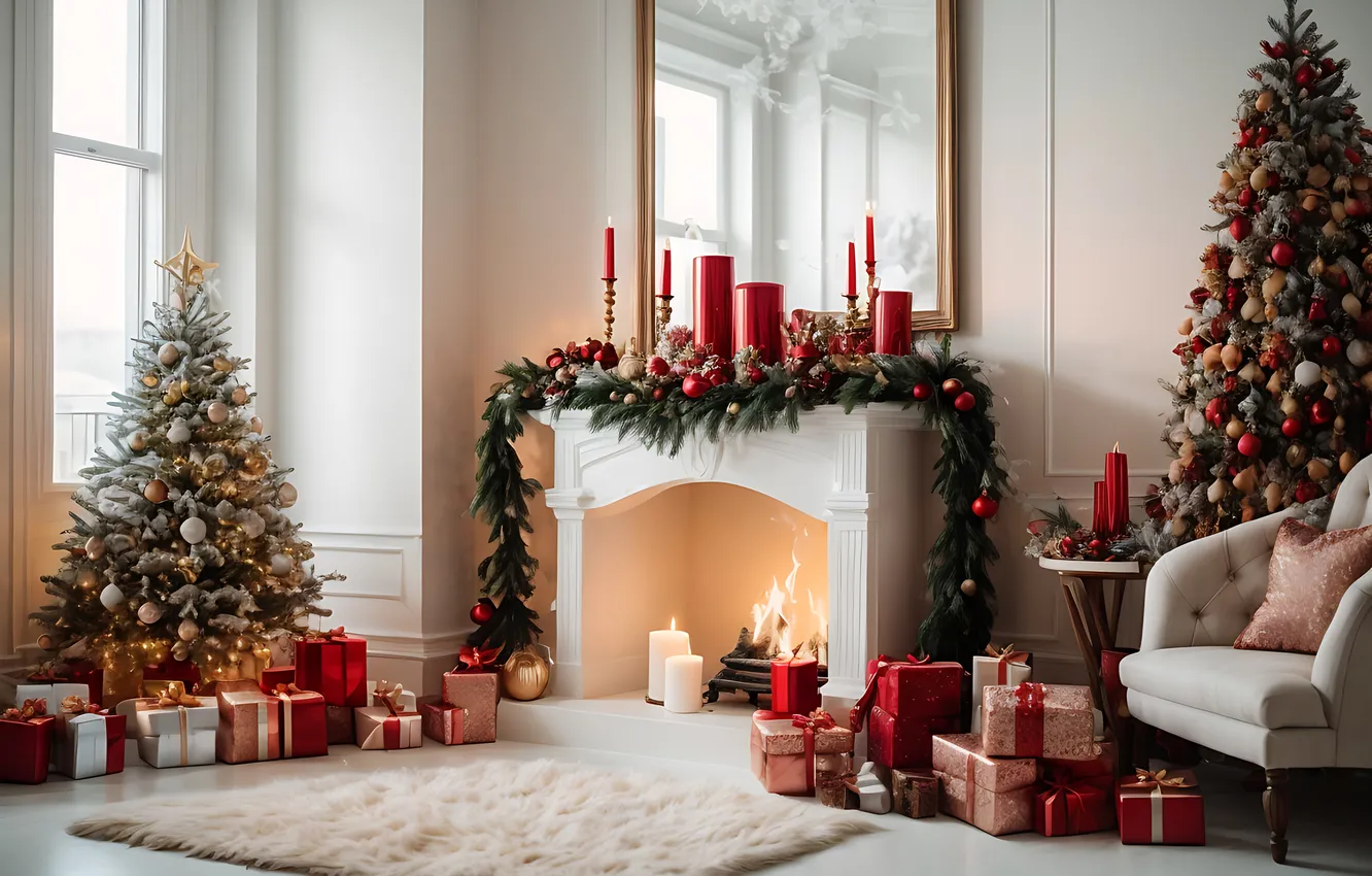 Photo wallpaper decoration, room, balls, tree, interior, Christmas, fireplace, balls