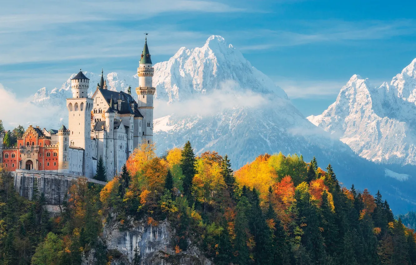 Photo wallpaper autumn, forest, the sky, clouds, trees, mountains, castle, Germany
