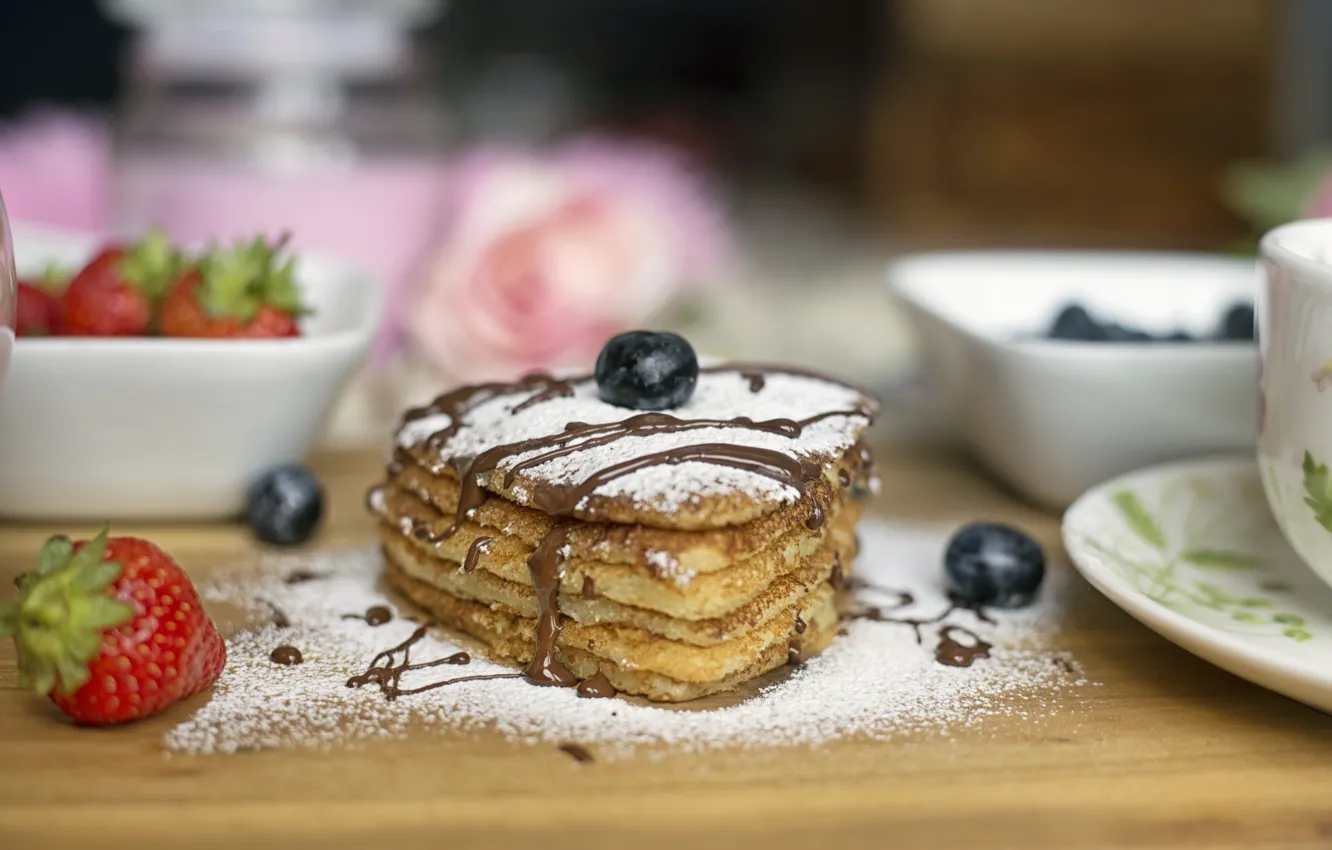 Photo wallpaper berries, chocolate, Breakfast, powdered sugar, pancakes