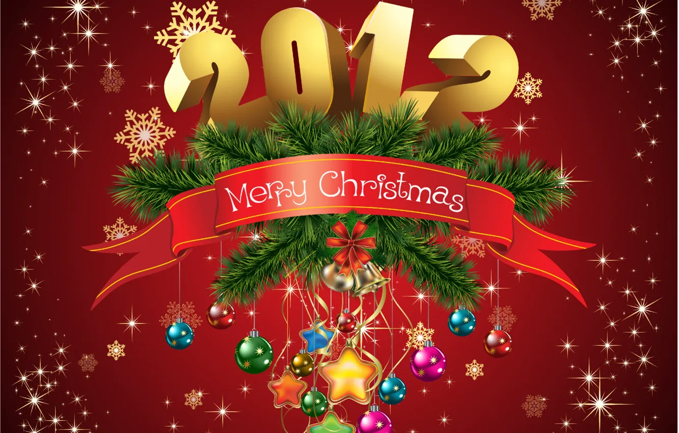 Photo wallpaper stars, snowflakes, balls, toy, tape, 2012, bells, the number