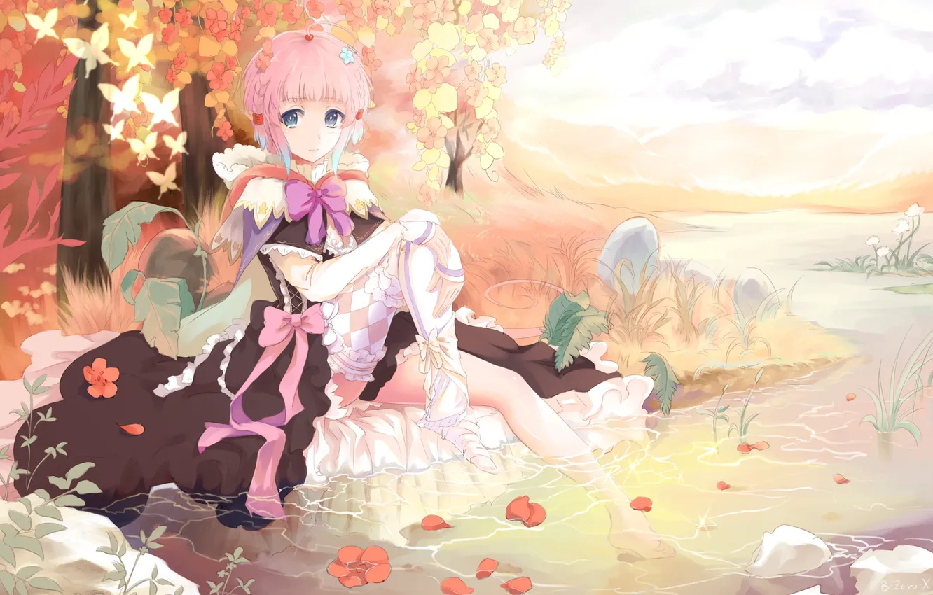 Photo wallpaper autumn, look, girl, clouds, trees, flowers, smile, butterfly