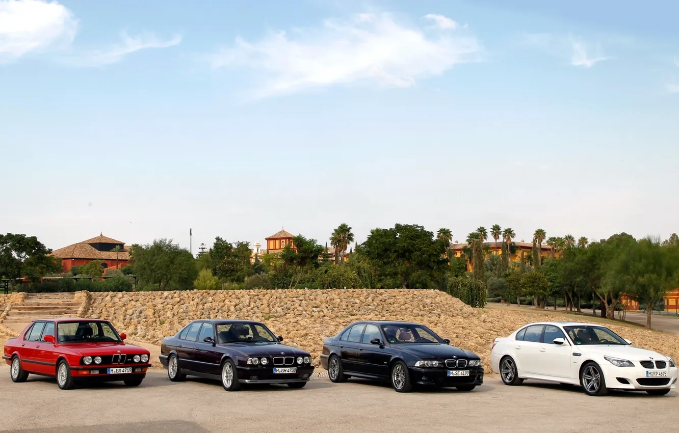 Photo wallpaper white, the sky, clouds, trees, red, black, bmw, BMW