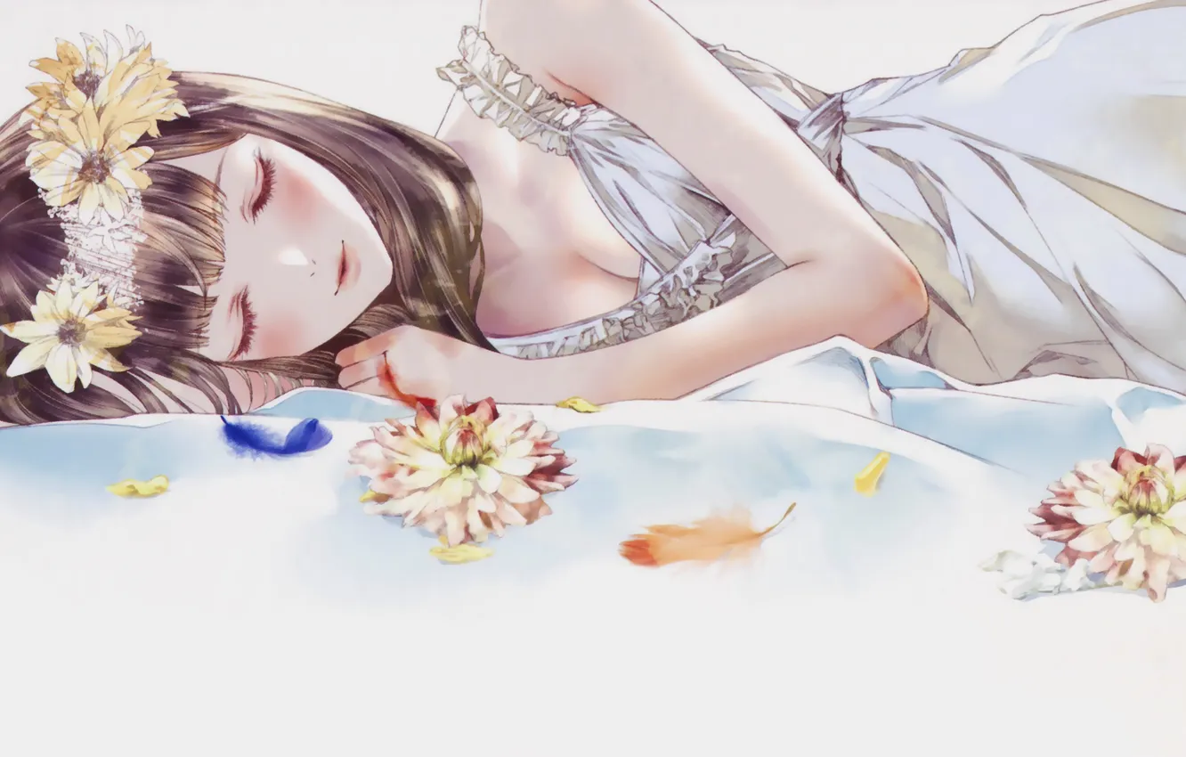 Photo wallpaper girl, flowers, sleep, wreath, lying