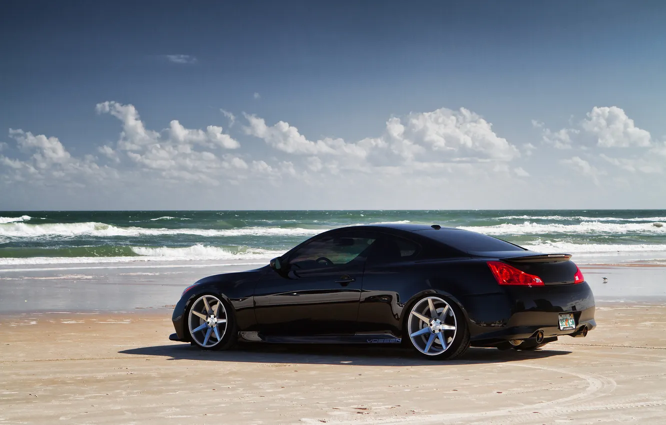Photo wallpaper sea, beach, black, Infiniti, before, black, infiniti, G37