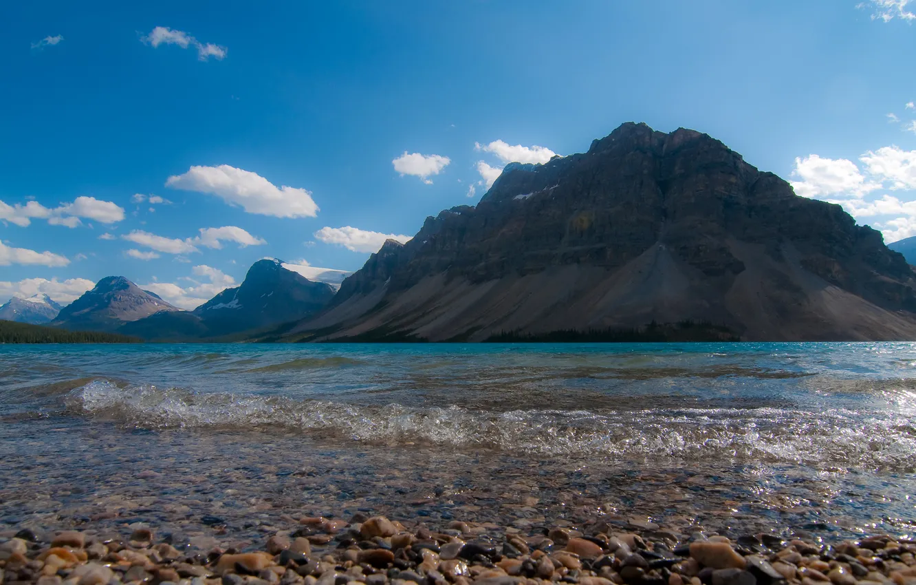 Photo wallpaper the sky, clouds, mountains, lake, stones