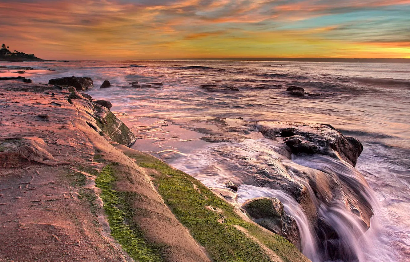 Photo wallpaper sea, the sky, clouds, sunset, storm, rocks, glow