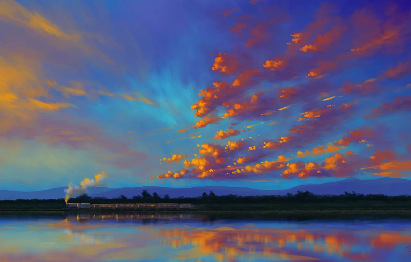 Photo wallpaper sky, landscape, sunset, water, art, clouds, lake, train