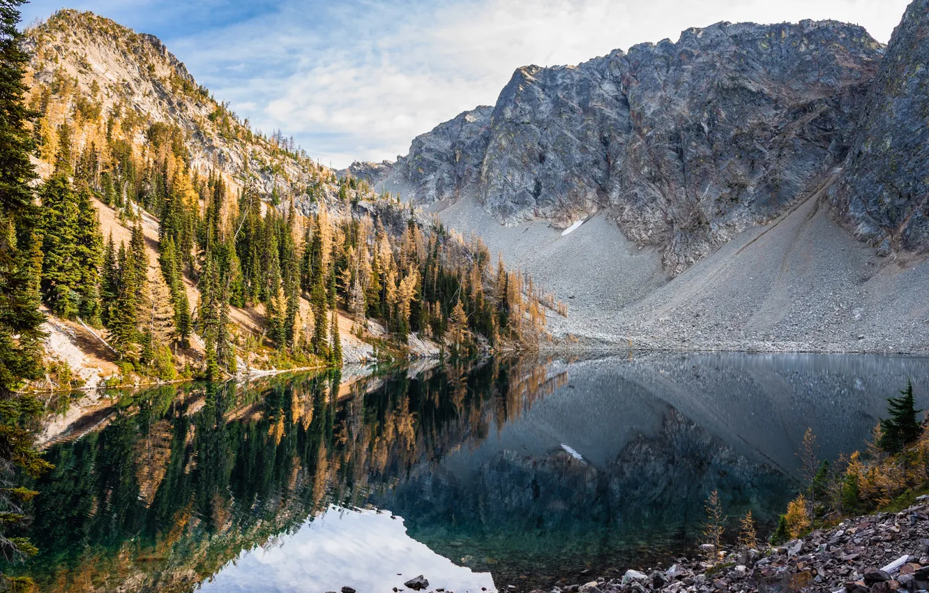 Photo wallpaper mountains, lake, reflection, Blue lake, Washington, Washington, The cascade mountains, North Cascades National Park