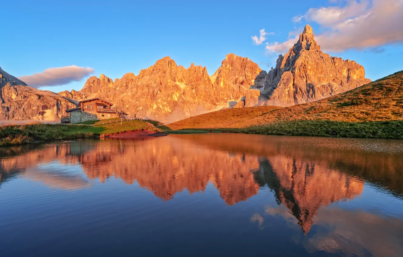 Photo wallpaper mountains, lake, reflection, Italy, Italy, ridge, The Dolomites, Dolomites