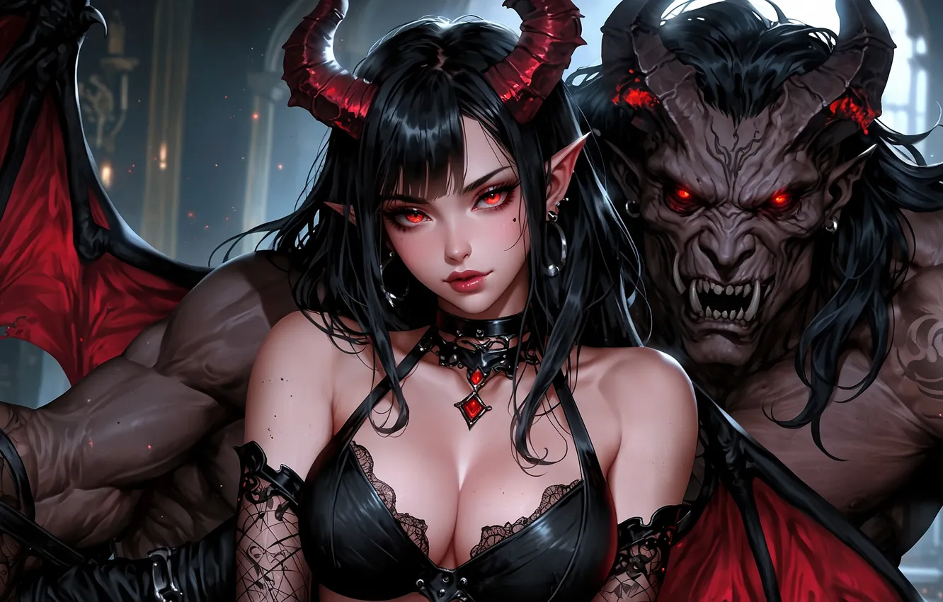 Photo wallpaper girl, man, the demon, horns