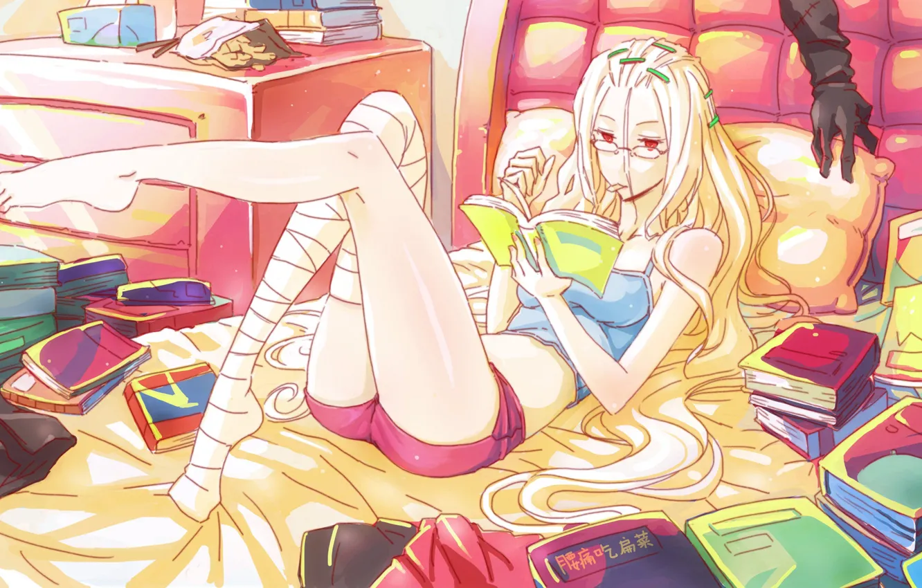 Photo wallpaper girl, room, feet, shorts, books, hand, red eyes, a lot