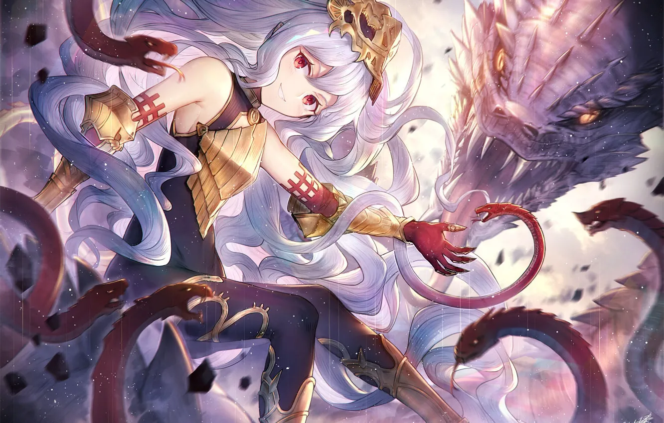 Photo wallpaper girl, dragon, anime, grey hair