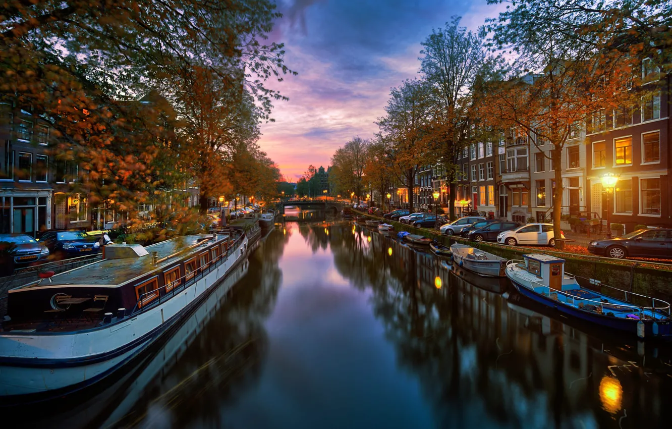 Photo wallpaper autumn, machine, the city, home, boats, the evening, lighting, Amsterdam