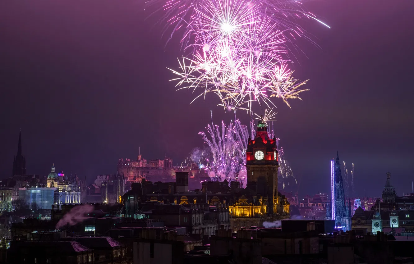 Photo wallpaper Night, The city, Scotland, Scotland, Edinburgh, Edinburgh, Fireworks, Fireworks
