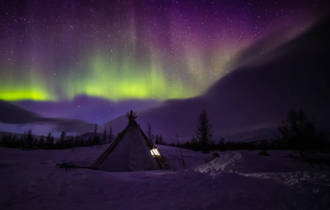 Photo wallpaper winter, snow, landscape, night, Northern lights, Yamal, chum