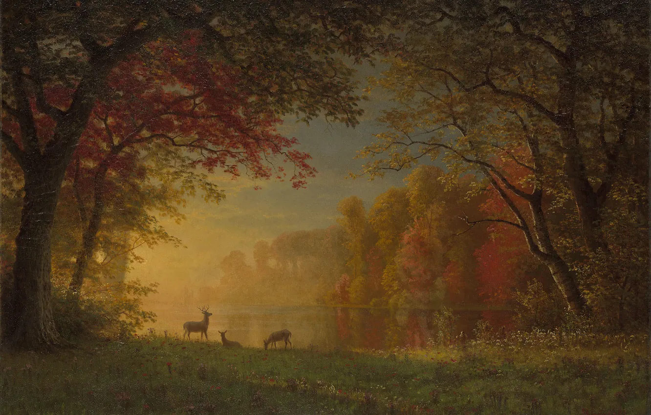 Photo wallpaper forest, landscape, nature, art, deer, Albert Bierstadt, Albert Bierstadt, Indian Sunset - Deer by a …
