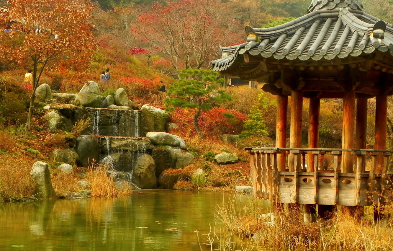 Photo wallpaper waterfall, Japan, Japan, gazebo, pond, autumn Park