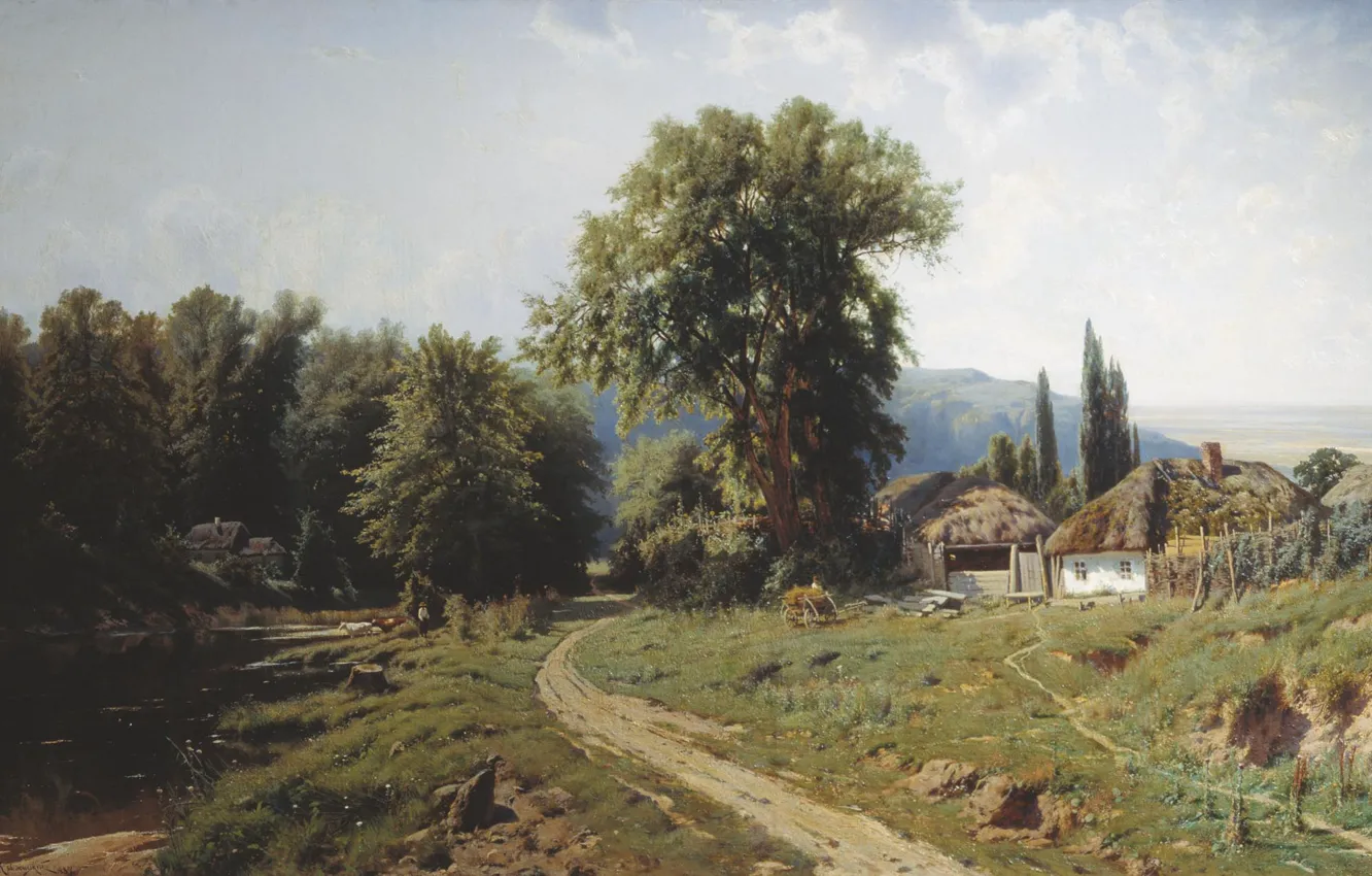 Photo wallpaper road, trees, lake, house, oil, Canvas, 1884, Farm in the Ukraine