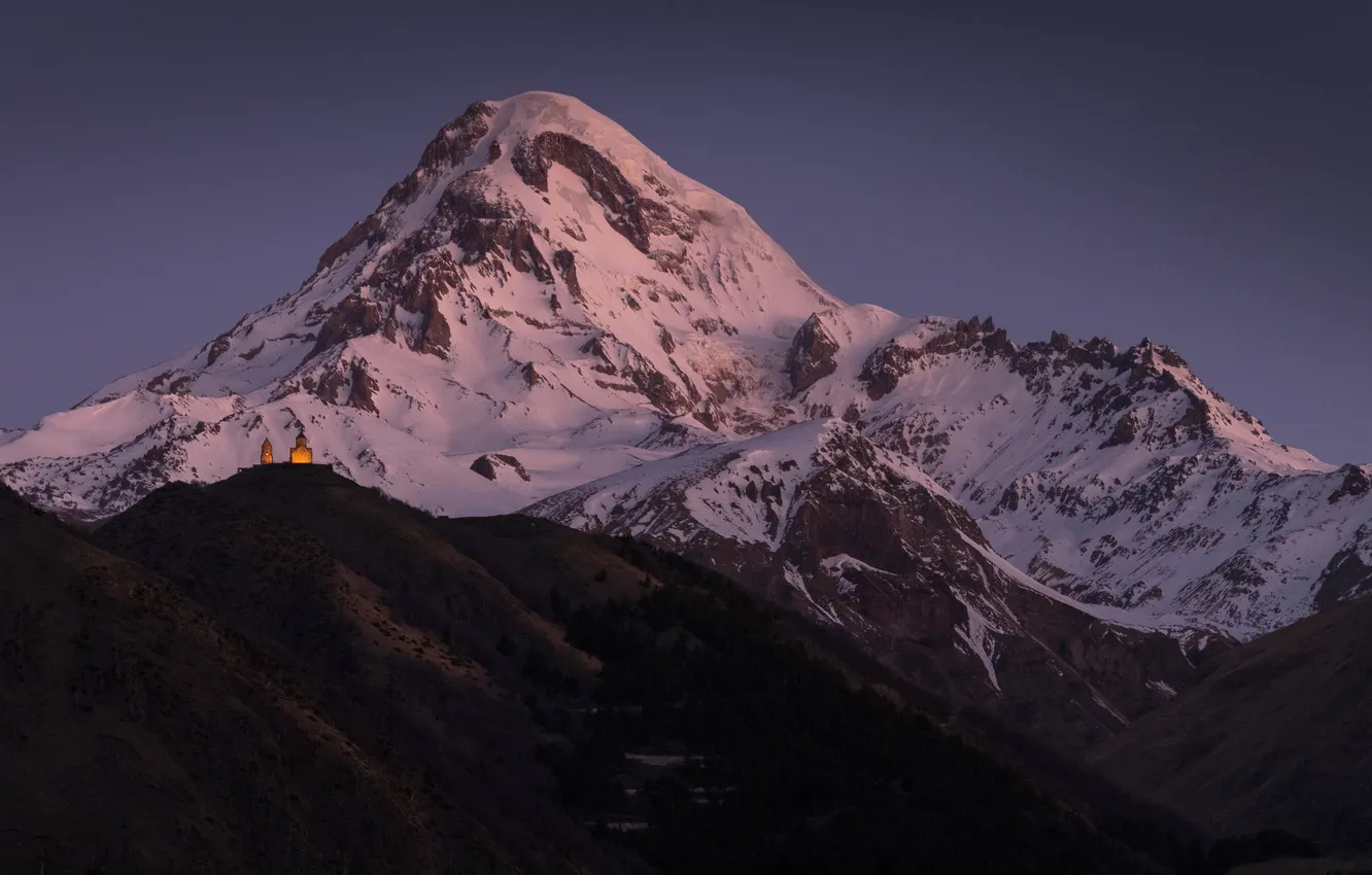 Photo wallpaper Georgia, Kazbegi, Mount Kazbek, Nadezhda Demkina, Trinity Church in Gergeti