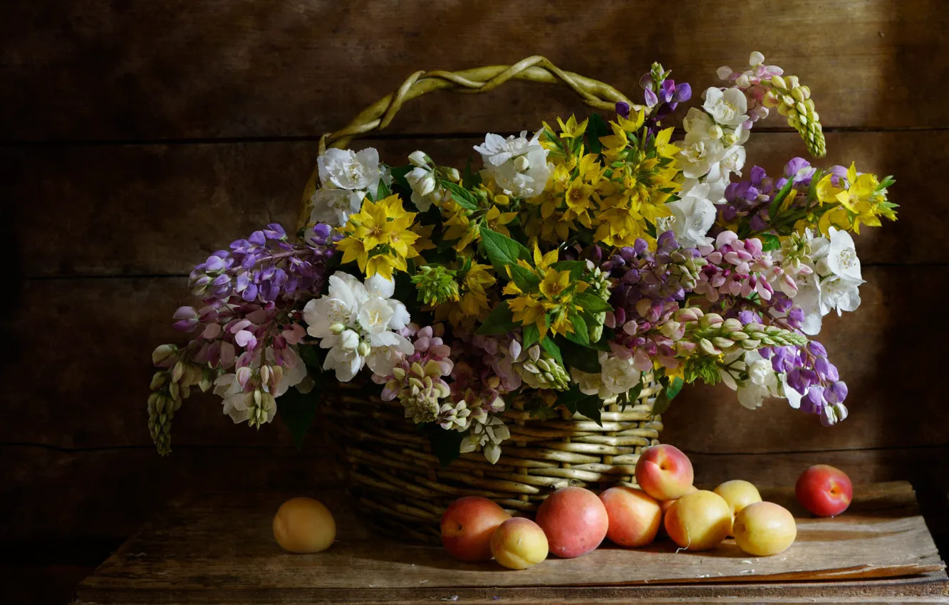 Photo wallpaper summer, flowers, yellow, table, bouquet, white, still life, basket