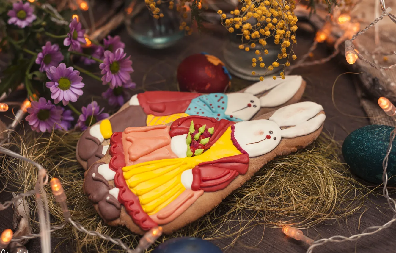 Photo wallpaper flowers, cookies, Easter, rabbits