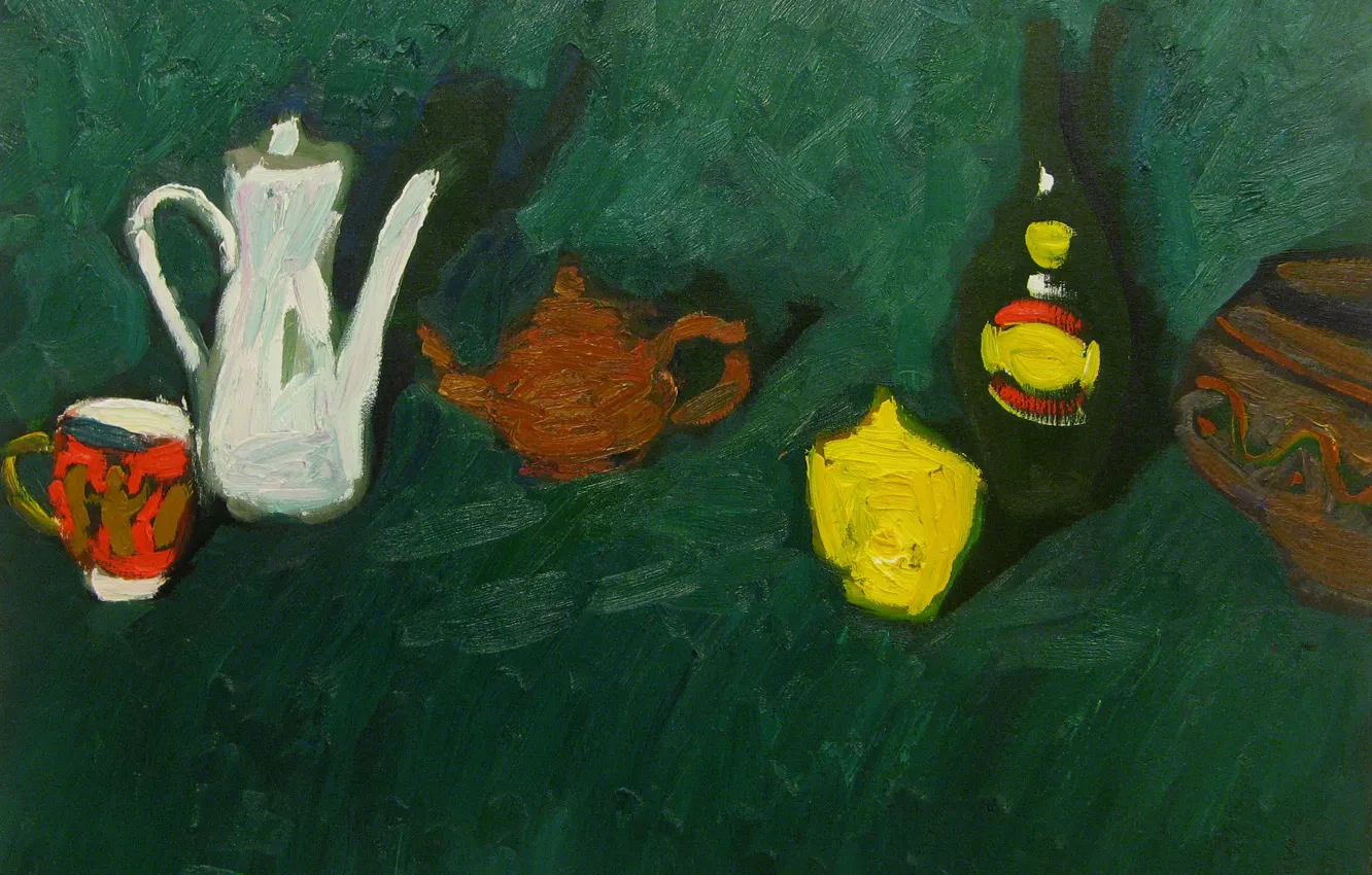Photo wallpaper lemon, bottle, 2008, kettle, mug, still life, dark green background, The petyaev